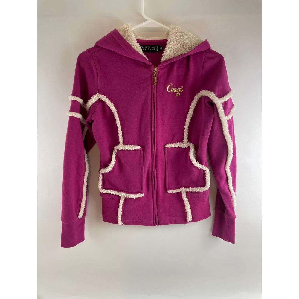 COOGI Sweater Girls Size M Fuchsia Pink Full Zip Hoodie Fleece Detail Long Slv